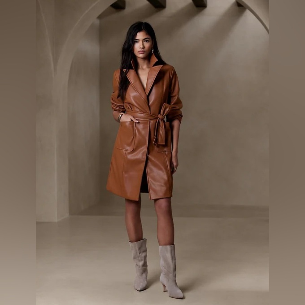 NWT, Banana Republic Long Vegan Leather Jacket, Cognac, XXS